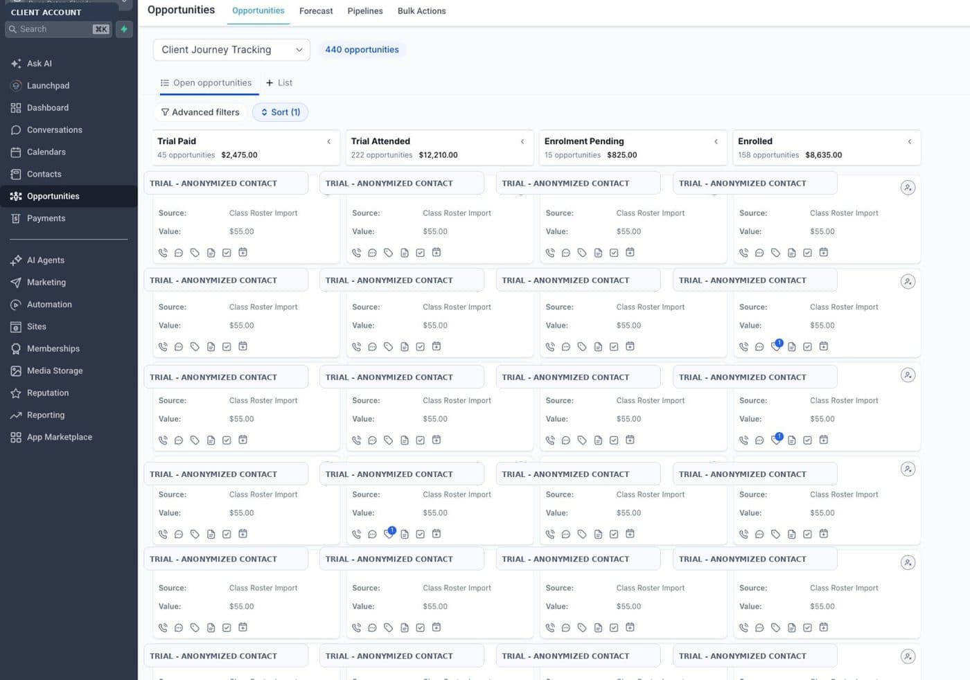 GoHighLevel client journey pipeline with trial and enrolled stages