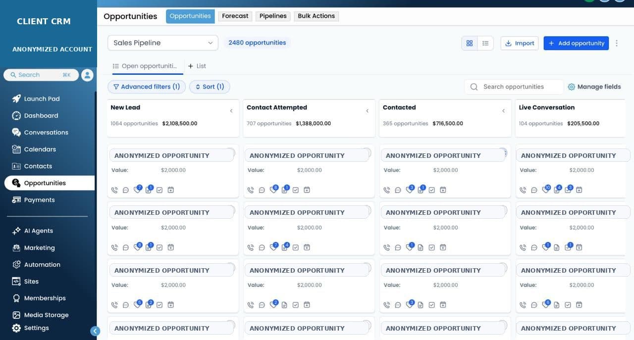 GoHighLevel sales pipeline organised by contact status